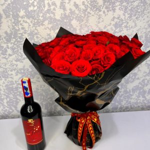 50 Roses Bouquet with Red Wine